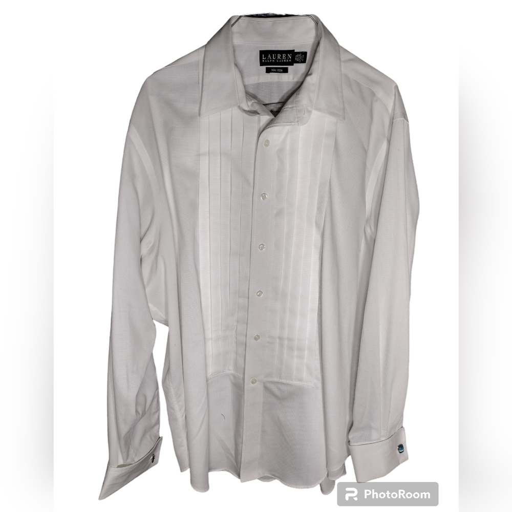 Ralph Lauren Men's dress pleated long sleeve shirt jewel cuff links size 15 1/2